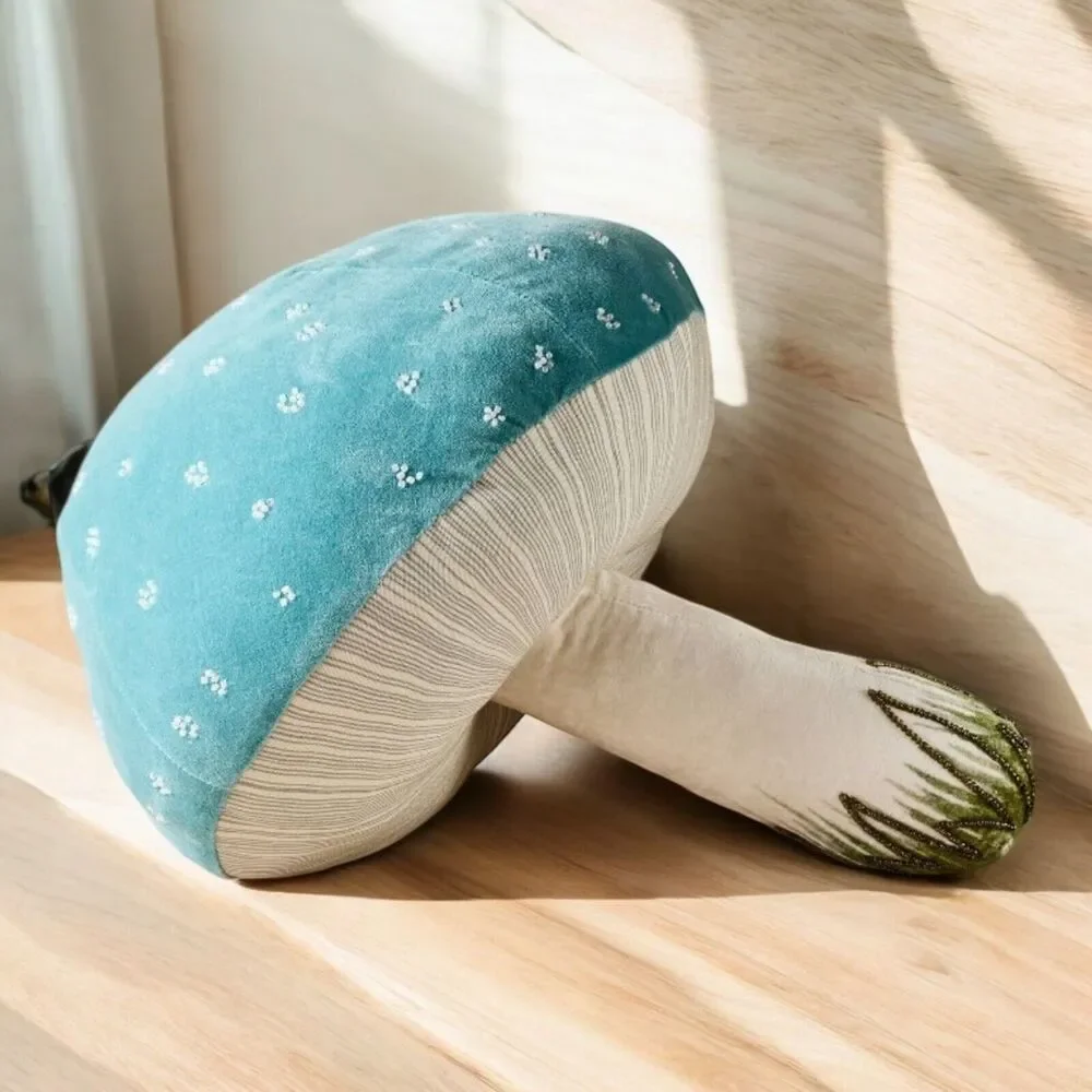 John Derian Target Thanksgiving Beaded Mushroom Plush Pillow Blue 17x14 NEW
